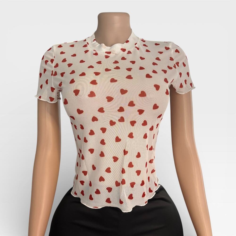 Allover Heart Mock Neck Mesh White Top - Picture 3 of 10